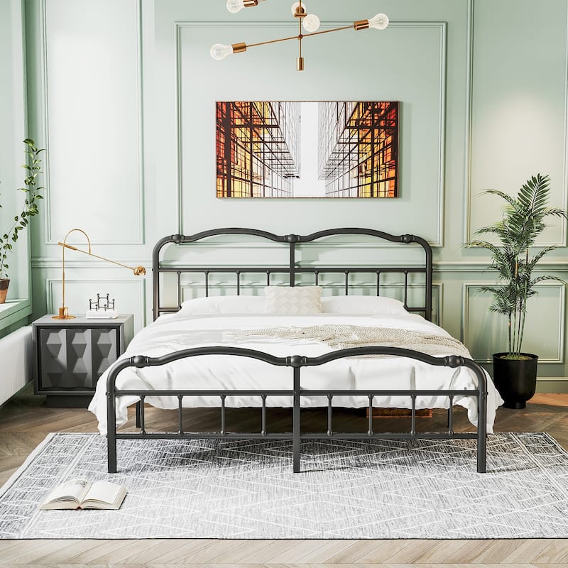 Heavy Duty Anti-Sway 18 Inch High Steel Tube Iron Bed, Double Wave Headboard And Footboard - Queen
