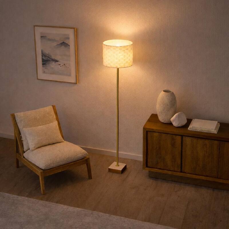 Ellen Floor Lamp with Woven Shade and Marble-Wood Base - Gold