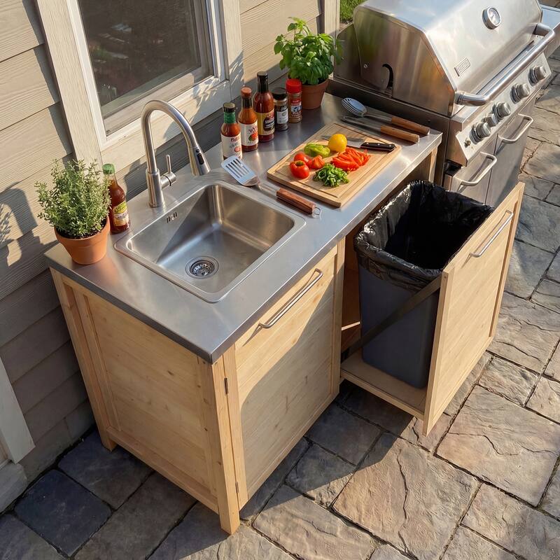 Modular Outdoor Kitchen Island Set, 100% Solid Wood BBQ Cabinet , Patio Kitchen Bar Table