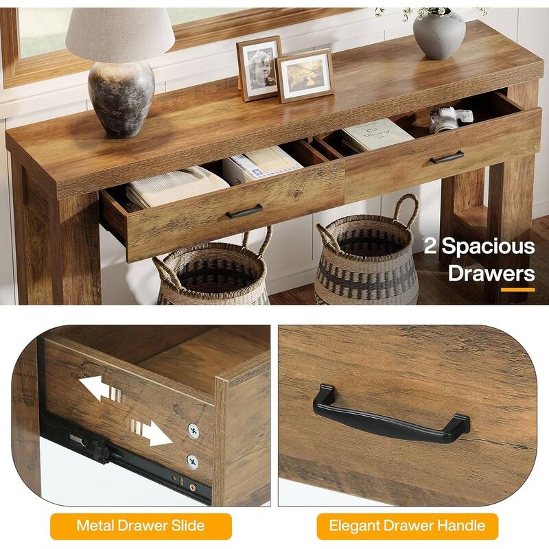 63 Inches Console Table with 2 Drawers, Wood Entryway Table with H-Shaped Legs