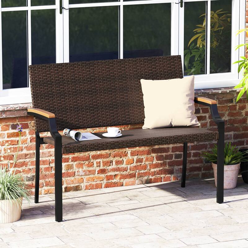 Costway 1/2 PCS Patio Wicker Loveseat Chair with Acacia Wood Armrests