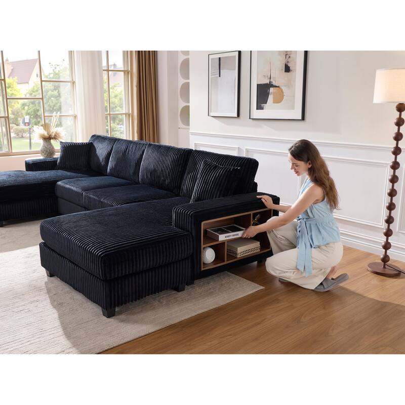 Modular Sectional Sofa with Dual Chaise Lounges, Corduroy Cloud Sofa with Armrest Storage Rack, Convertible 4-Seat Sleeper Sofa