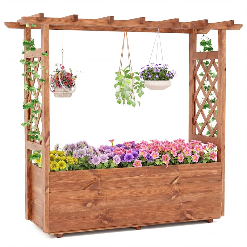 Gymax Wooden Raised Garden Bed/ Lattice Trellises Hanging Roof - Orange