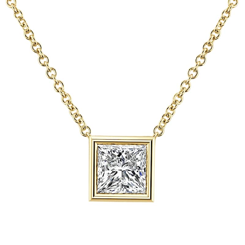 Auriya 14k Gold 3/4ctw Solitaire Princess-cut Diamond Necklace (I-J, VS1-VS2) - White I-J - 0.75CT - Yellow