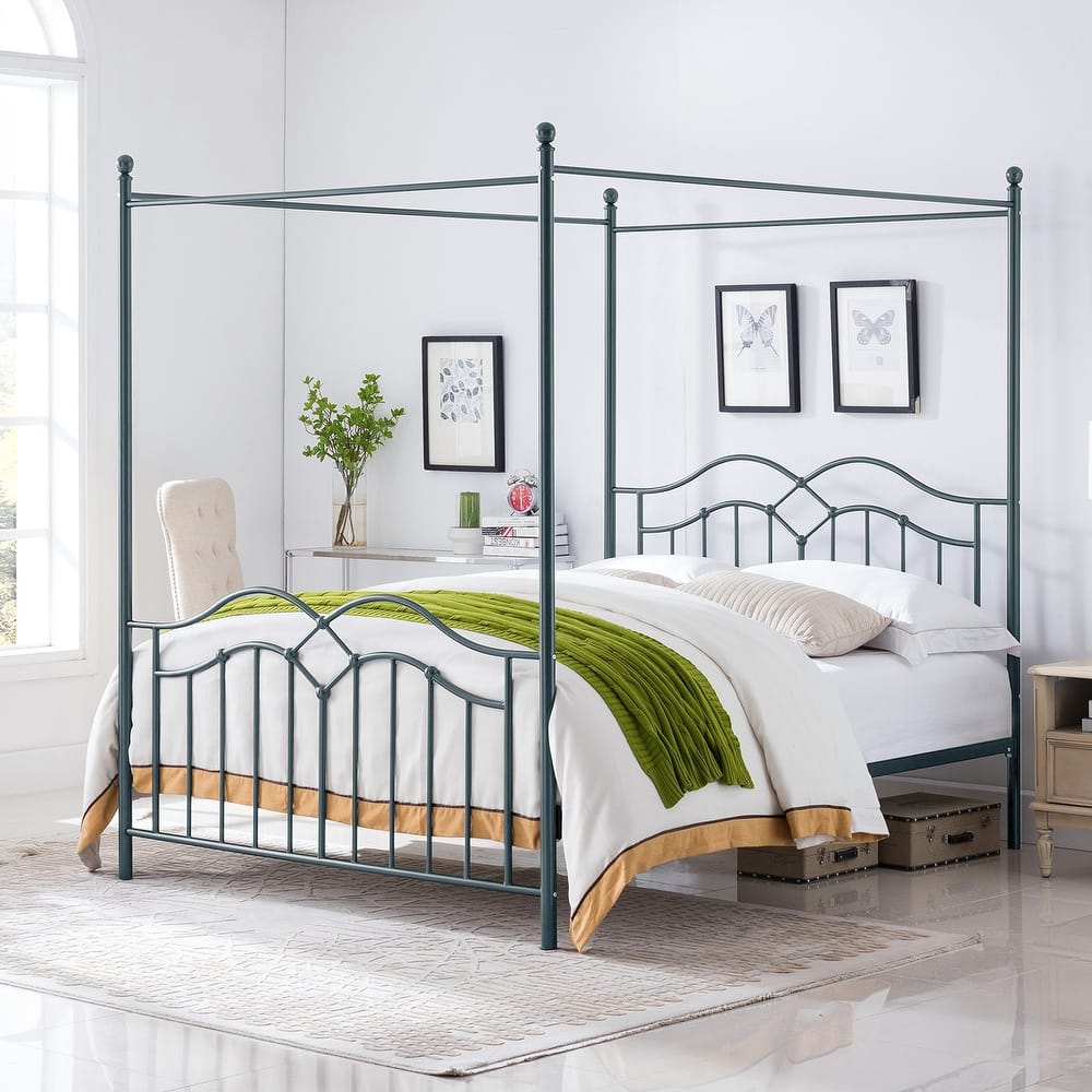 Christopher Knight Home - Voss Queen Iron Canopy Bed Frame with Four-Post Canopy Design