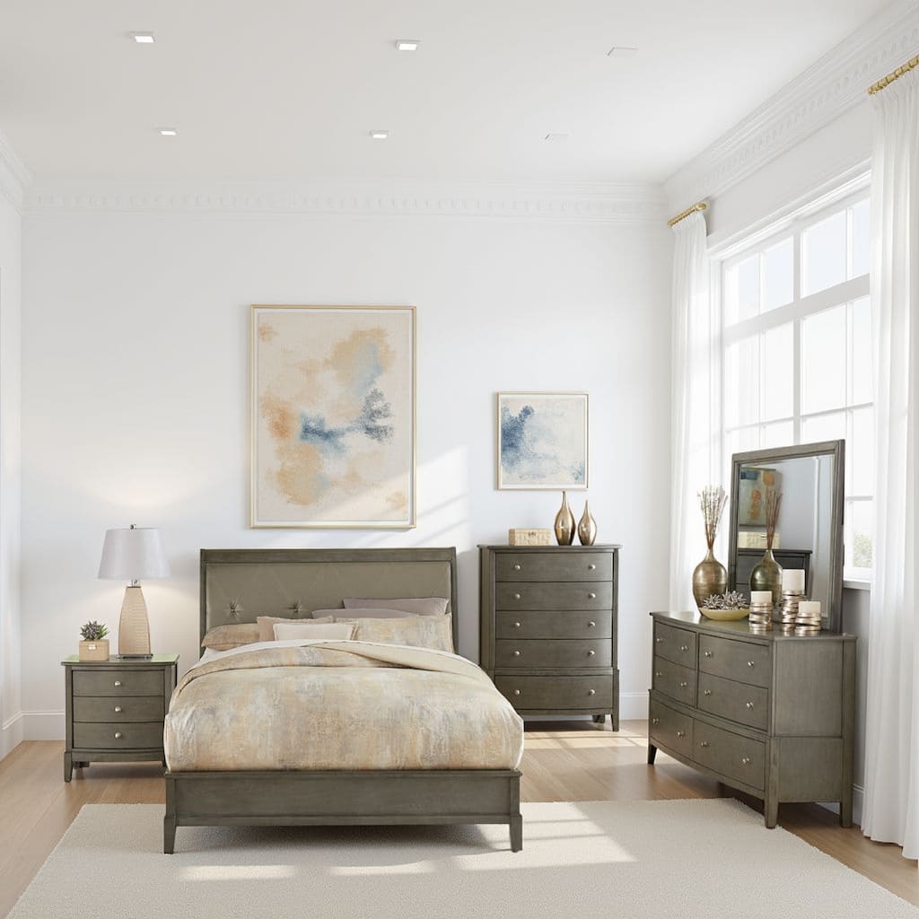 Beli 4 Pc Queen Size Bedroom Set, Button Tufted Headboard, Gray