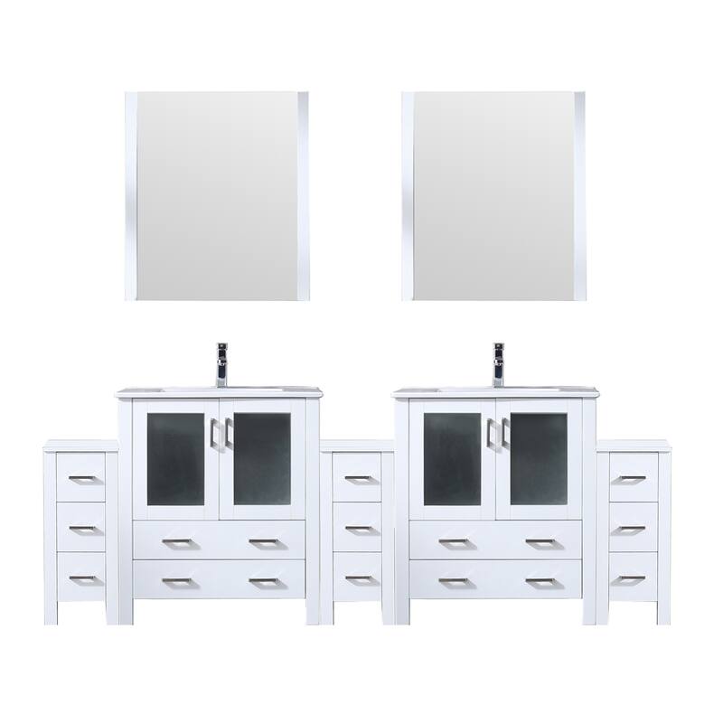 Volez Double Bath Vanity with Side Cabinets, White Ceramic Top, 28 in Mirrors and Faucet Set - 96 - White