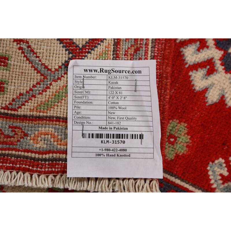 Red Kazak Foyer Rug Red Handmade Traditional Wool Carpet - 2'8"x 4'0"