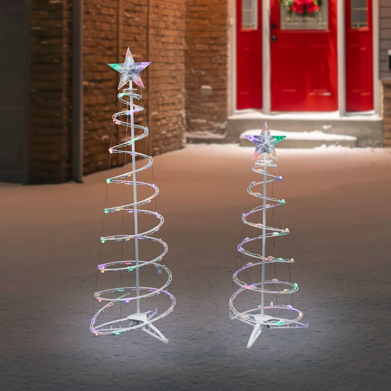 Set of 2 LED Lighted Multi-Color Outdoor Spiral Christmas Cone Trees 3' 4'