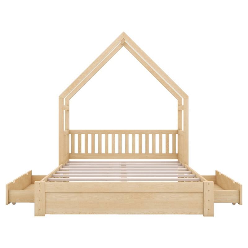 Queen Size House Shape Platform Bed Frame Safety Guardrail Storage Drawers Kids Bed