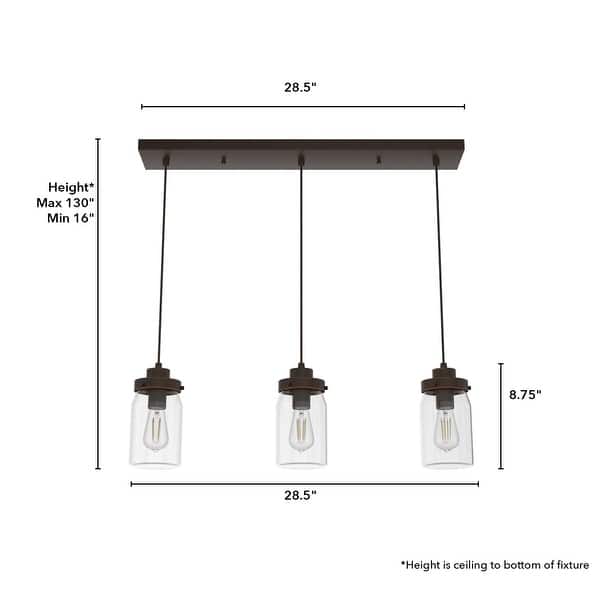 dimension image slide 2 of 3, Hunter Devon Park 3-Light Linear Cluster Ceiling Light - Kitchen Island, Dining - Farmhouse, Rustic, Coastal