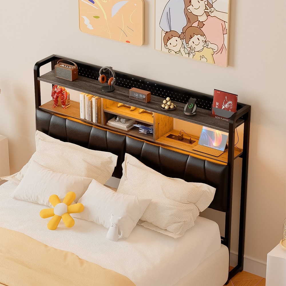 Upholstered Headboard with Pegboard and Charging Station, Storage Headboard Shelves and LED Light