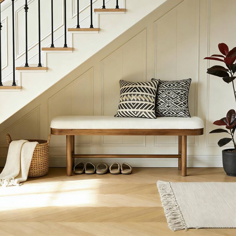 55-Inch Upholstered Entryway Bench, Solid Wood Shoe Bench