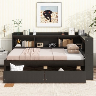 Twin Size L-shaped Bookcases Bed with Power Outlets, USB Charging Ports, 2 Drawers,Espresso