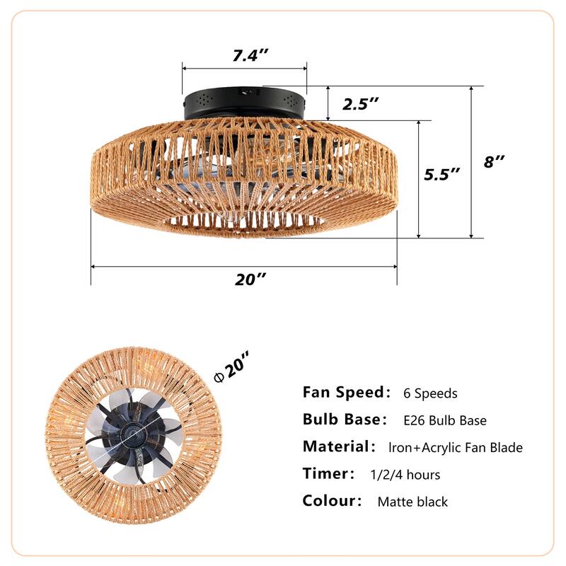 20" Rope Caged Ceiling Fans with Remote and Low Profile Chandelier 6 Speed, NOT Included Bulbs
