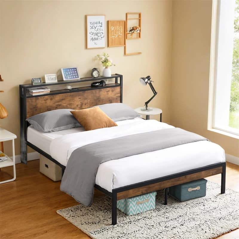 Full Size Metal Platform Bed Frame with Wooden Headboard and Footboard