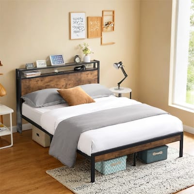 Full Size Metal Platform Bed Frame with Wooden Headboard and Footboard