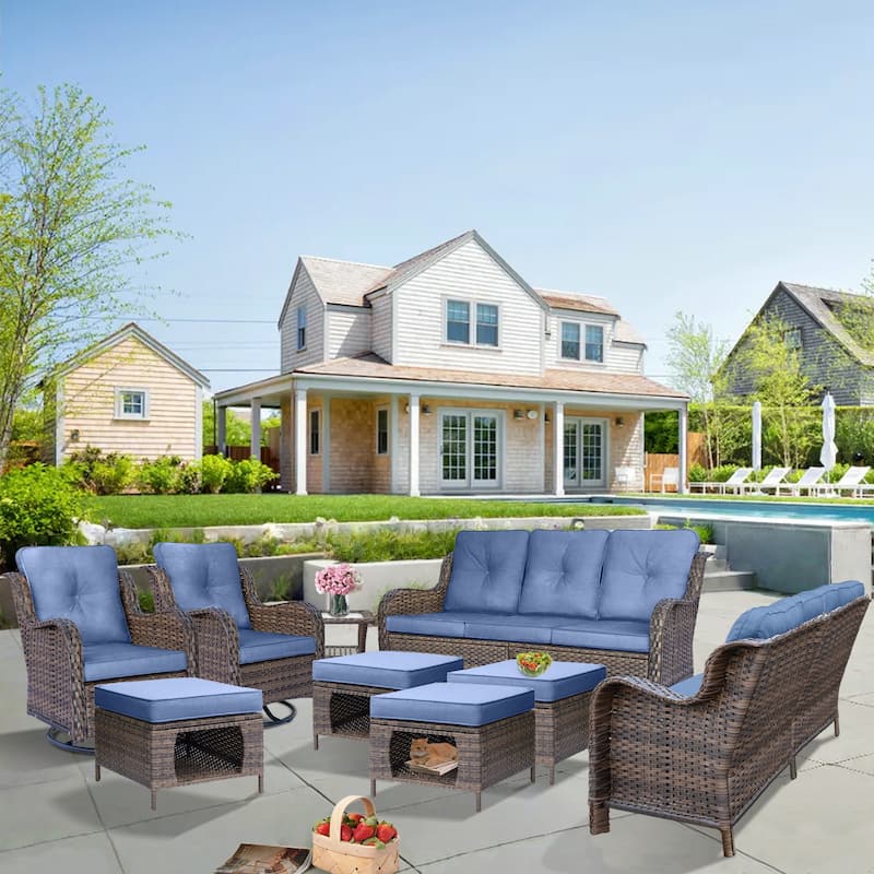 9 Piece Outdoor Wicker Patio Conversation Swivel Chairs Furniture Sets