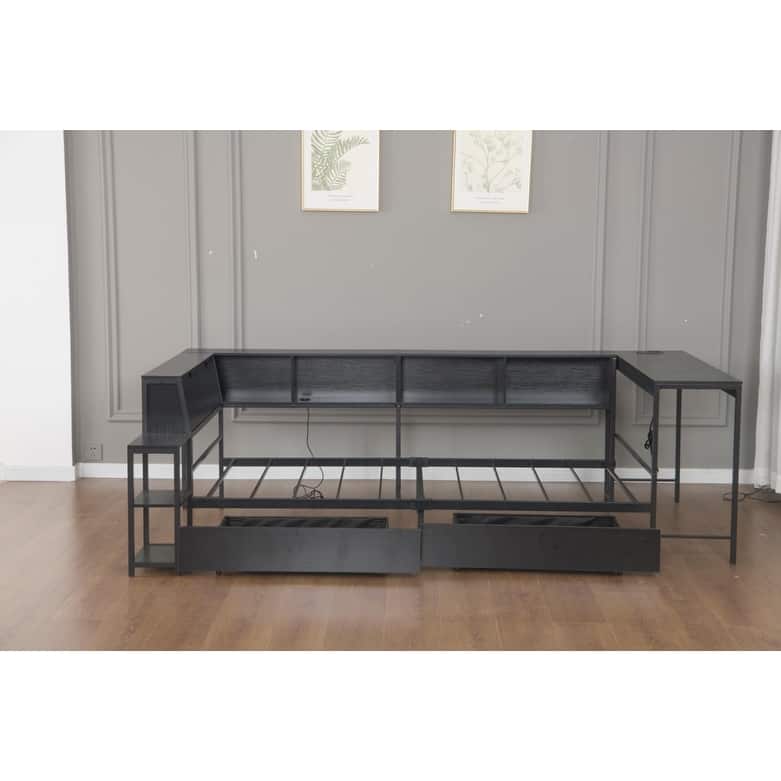 GDFStudio - Modern Corner Bed Frame with Bookcase, 2 Underbed Storage Drawers, LED Lighting & Charging Station