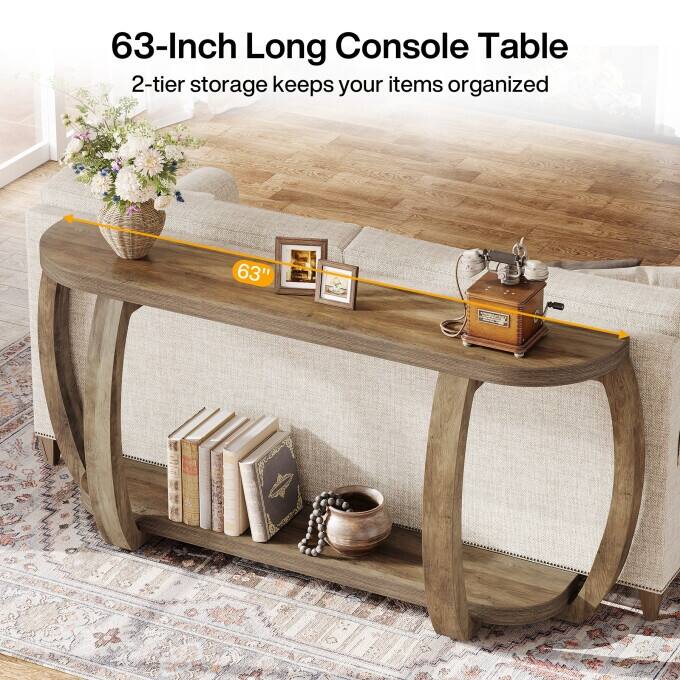 63-Inch Wooden Console Table, Long Entryway Table with Curved Legs