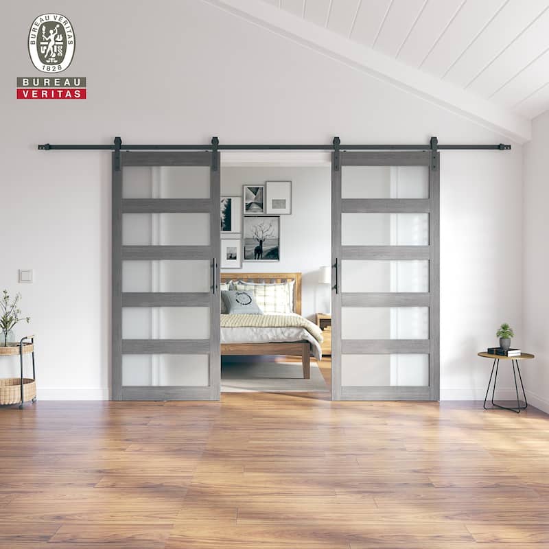 Sanding 30in./36in./42in.x 84in. 5 Frosted Glass White/Grey PVC Surface MDF Sliding Barn Door With Hardware Kit