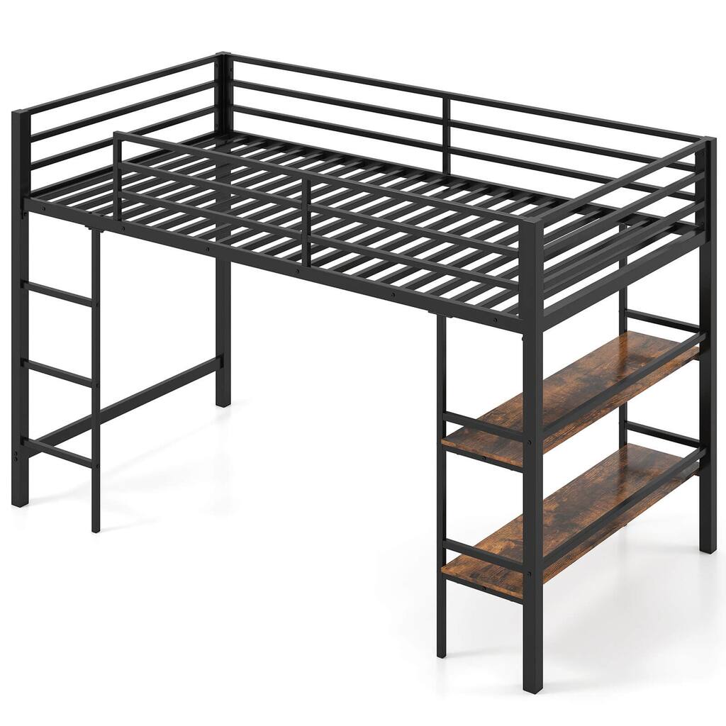 Costway Twin Size Low Loft Bed with Storage Shelves Ladder Full-length