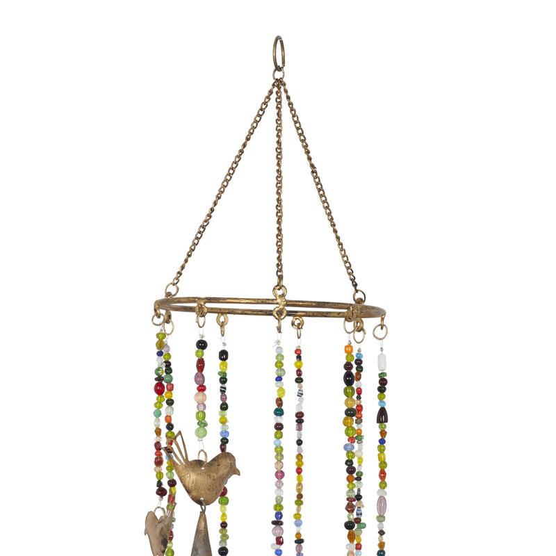 Metal Bird Handmade Indoor Outdoor Windchime with Glass Beads and Cone Bells - Gold - Roche River Decor