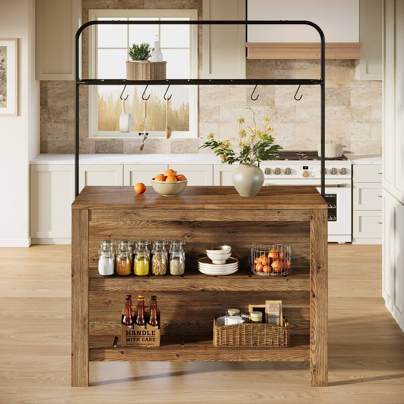 47 Inch Farmhouse Solid Wood Kitchen Island with Storage and 5 Hooks - 23.62" D x 47.24" W x 70.08" H