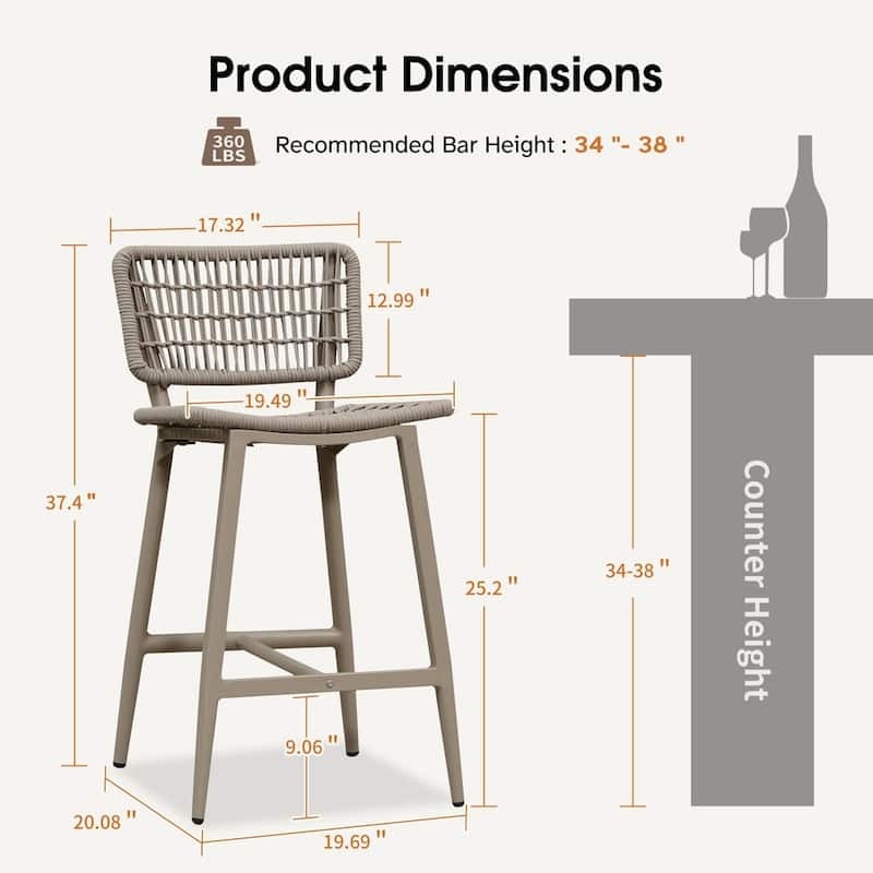 PURPLE LEAF Bar Stools Set of 2 Patio Wicker Bar Height Metal Chairs Boho High Barstools with Back for Garden Outdoor