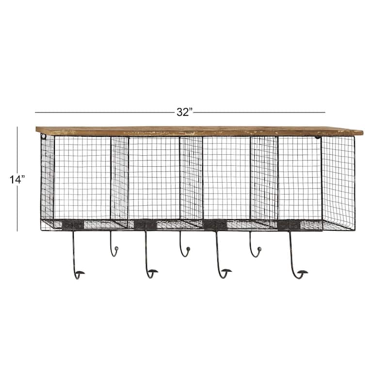 Metal 4 Cubbies and 1 Shelf Wall Hook with 7 Hangers - Black - Roche River Decor - 6"W x 32"L x 14"H