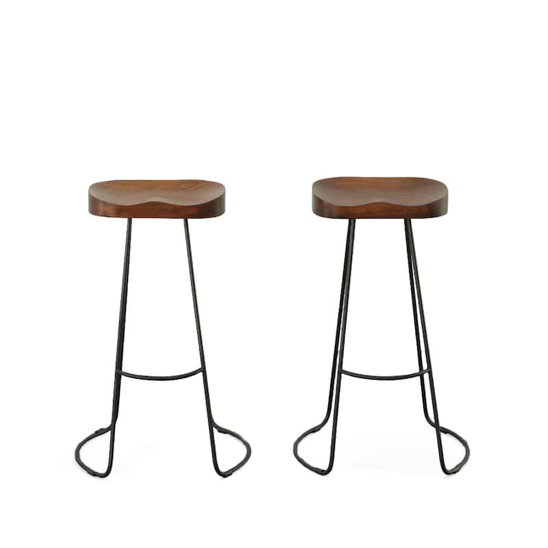 Set of Two 31" Chestnut and Black Solid Wood and Steel Backless Bar Height Bar Chairs - Chestnut