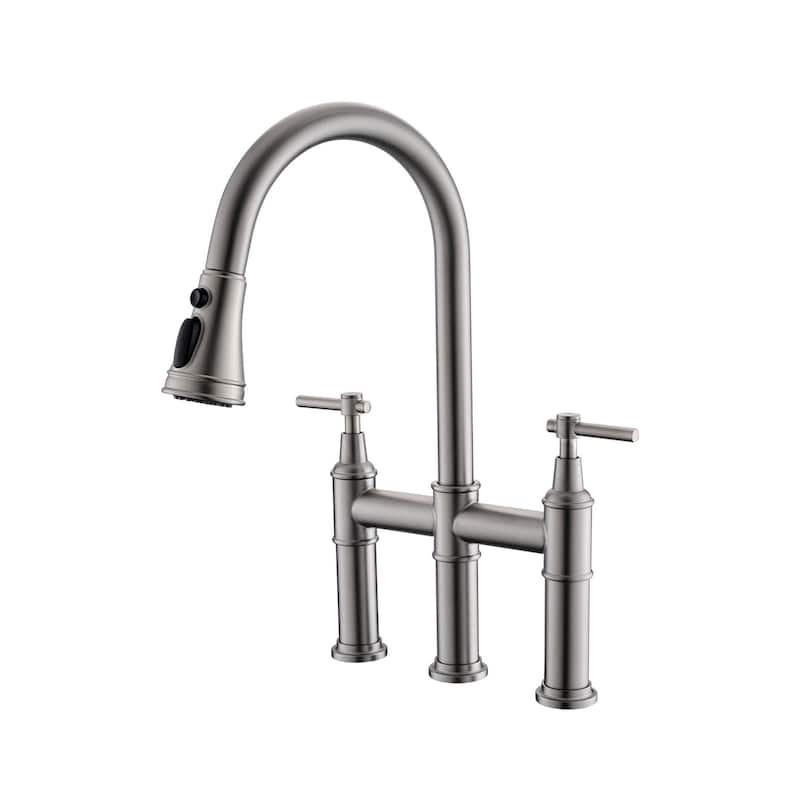 Bridge Kitchen Faucet with Pull Down Sprayer Modern Stainless Steel 3 Hole Pull Down Kitchen Sink Faucets Brushed Nickel - Brushed Nickel