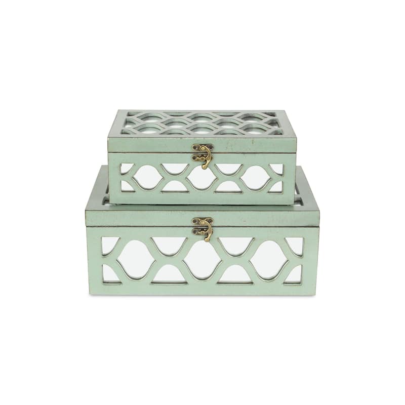 Blue Wood Moroccan Style Mirrored Storage Box (Set of 2)