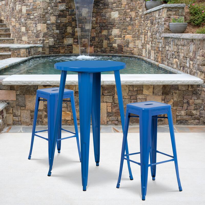 24'' Round Metal Indoor-Outdoor Bar Table Set with 2 Square Seat Backless Stools - Blue