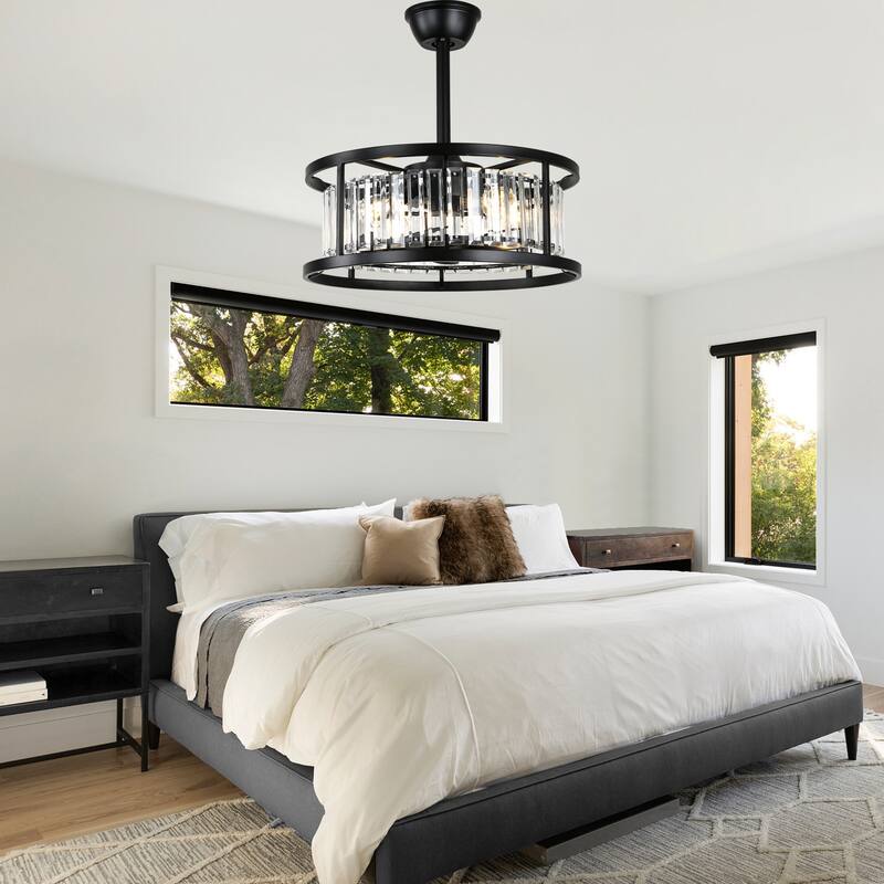 Cusp Barn 20" Black Crystal Caged Ceiling Fan with Light and Remote, Modern 8-Blade Fandelier, DC Motor Reversible Ceiling Fan