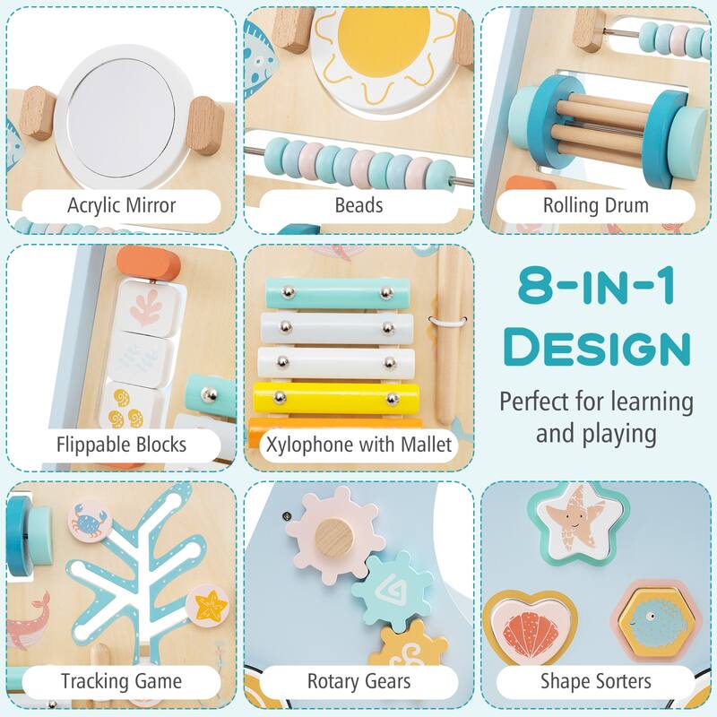 Wooden Baby Walker Push and Pull Learning Activity Center with Wheels-Blue - Multi