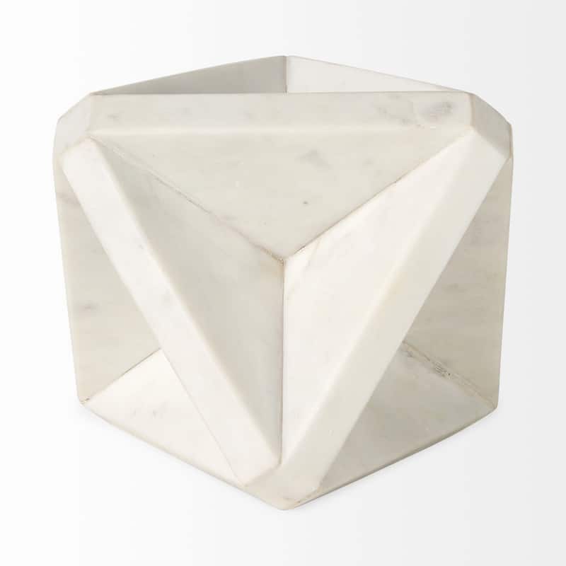 White Marble Geometric Square Sculpture - 6" W x 6" D x 9" H