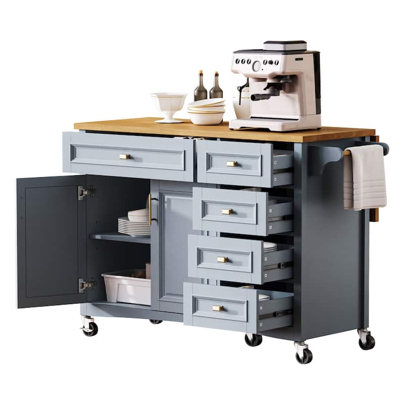 52" Rolling Kitchen Island Cart, Embossed Texture Kitchen Island on Wheels, Kitchen Storage Cart with Drop Leaf