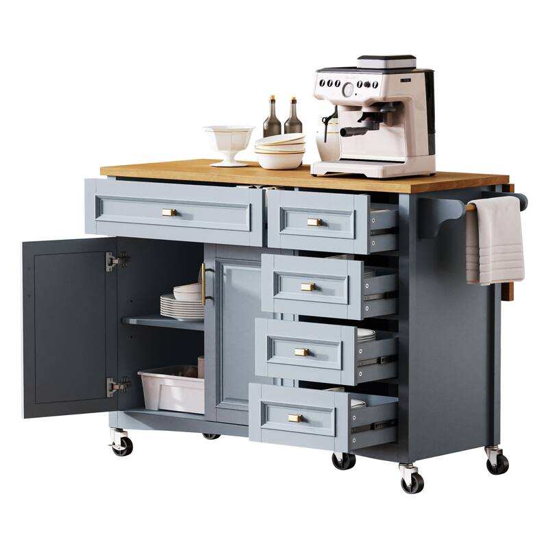 Rolling Kitchen Island with Drop Leaf, Kitchen Storage Cart with Spice Rack, Fold Dining Table with Adjustable Shelf