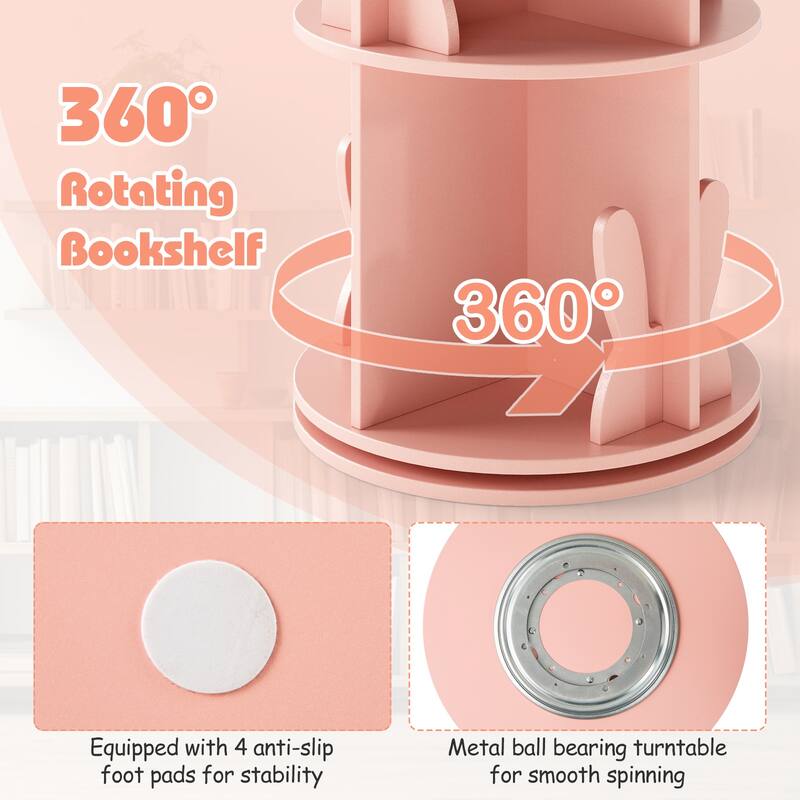 MDF Kids Rotating Bookshelf 8 Compartments 360-degree Swivel with Bunny Baffles - 16" L x 16” W x 25.5" H