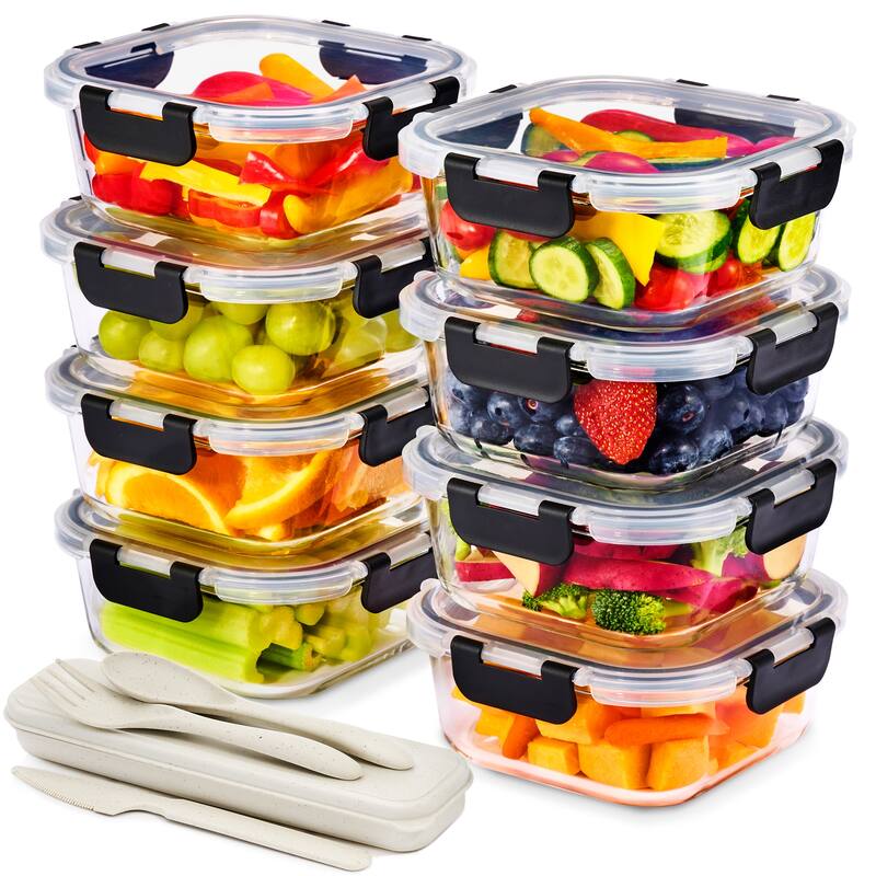 Sorbus Glass Meal Prep Containers with Airtight Lids - Square, 16 Pieces - 6.5 x 6.5 x 2.5 in - 6.5 x 6.5 x 2.5 in - Clear