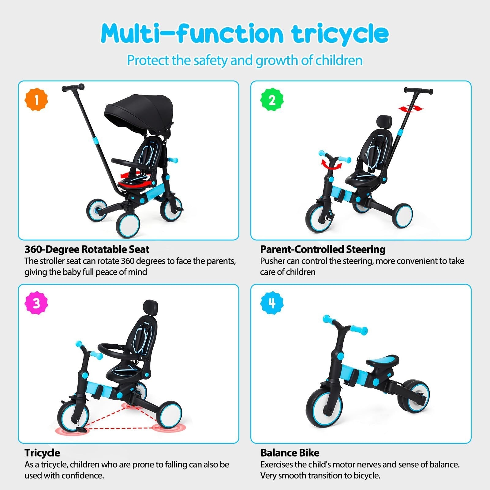 Baby Tricycle 7 in 1 Folding Kids Tricycle with Adjustable Parent Handle 5 7 Years Blue