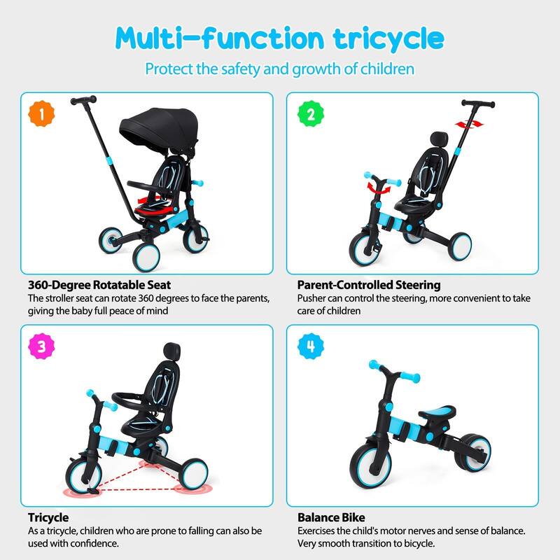 Foldable Toddler Tricycle with Removable and Adjustable Parent Handle