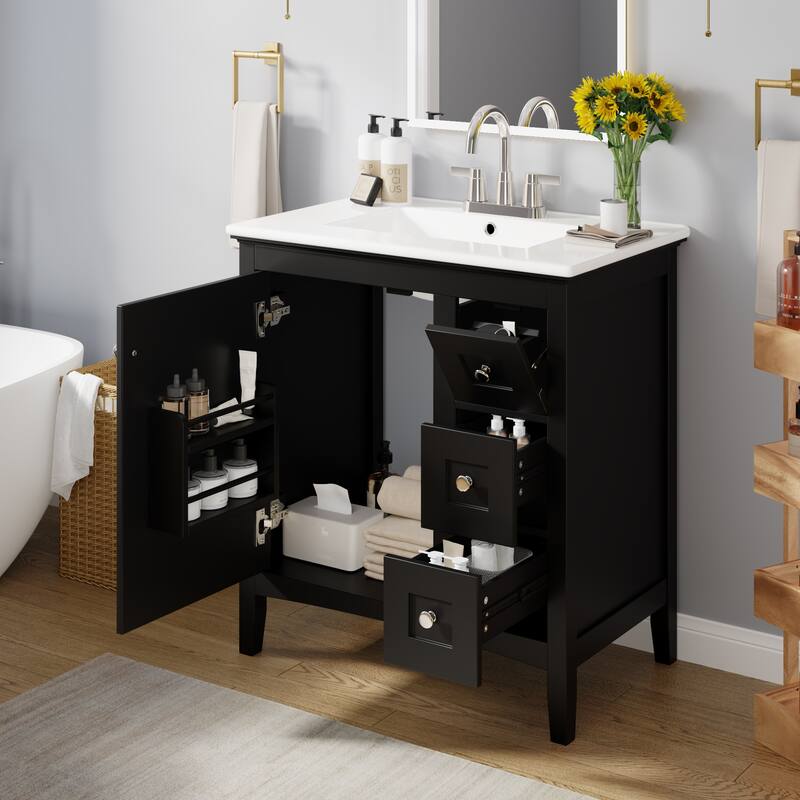 GDFStudio - Rivington Modern Bathroom Vanity with Ceramic Sink and 3 Storage Drawers - 30'W