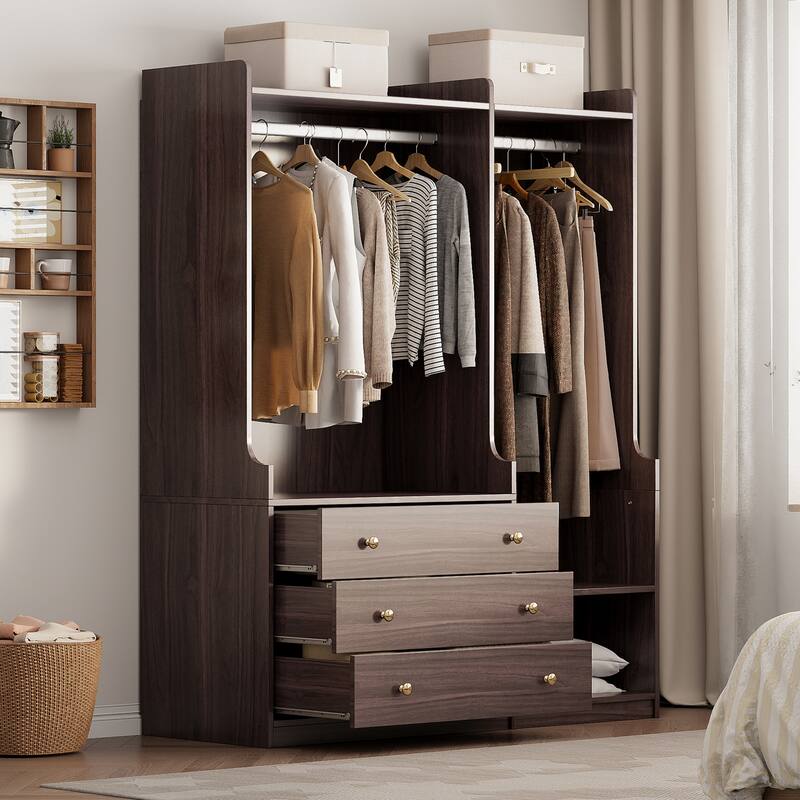 Wooden Open Wardrobe Storage Clothes Storage Cabinet with Dual Hanging Rods and Five Shelves Armoire for Bedroom - Brown