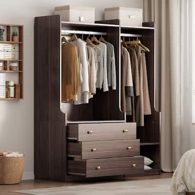 Wooden Wardrobe Open Armoires, Free Standing Closet Clothes Organizer with Hanging Rods, 3 Drawers & Shelves for Bedroom, Brown