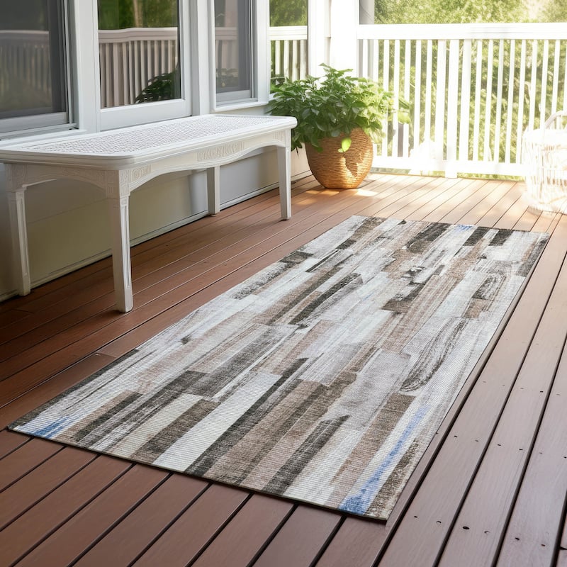Machine Washable Indoor/ Outdoor Modern Stripes Chantille Rug - Khaki - 2'3" x 7'6"