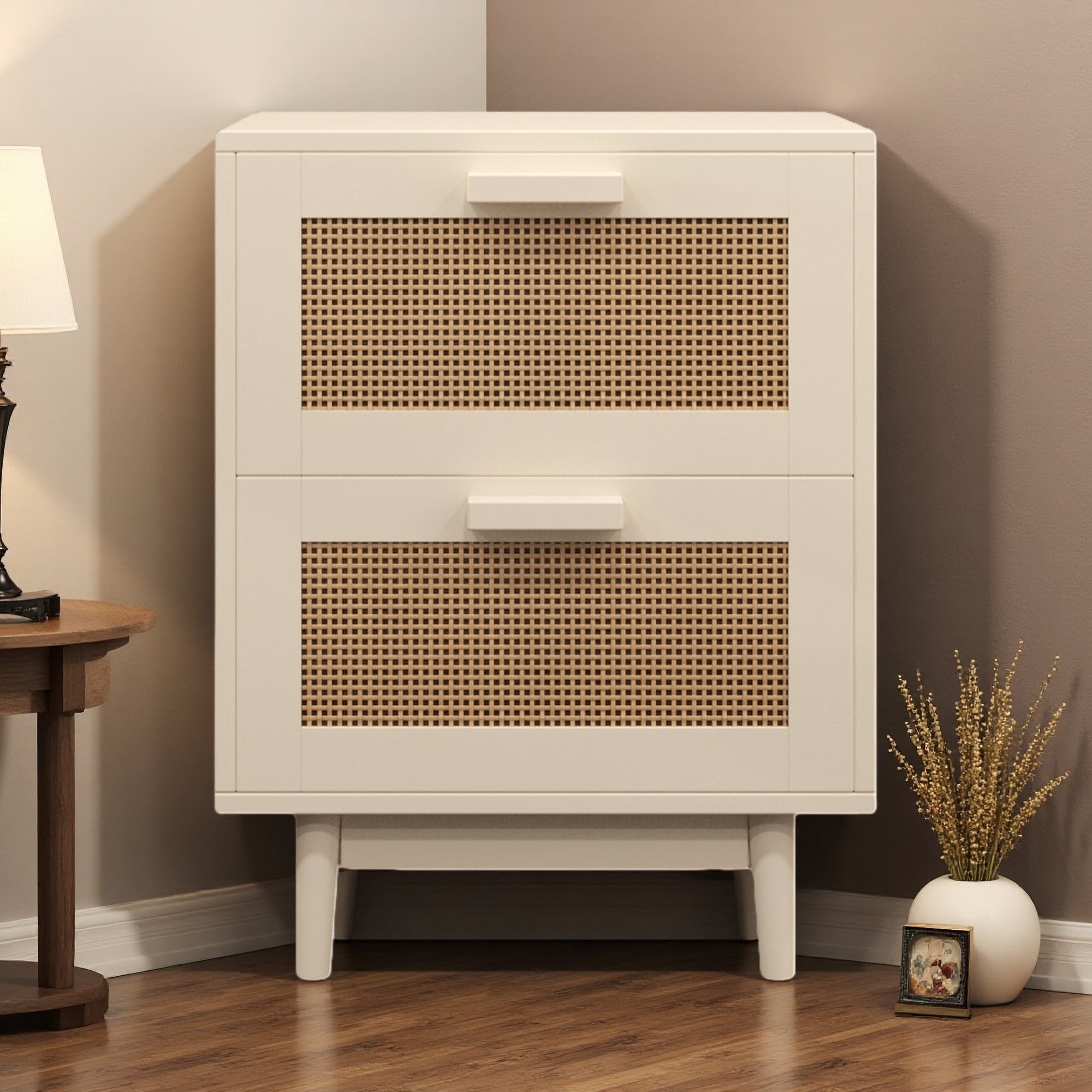 17.7"L MDF & Wood Rattan-Style Nightstand with 2 Faux Rattan Drawers, Side Table & Bedside Storage for Living Room or Bedroom