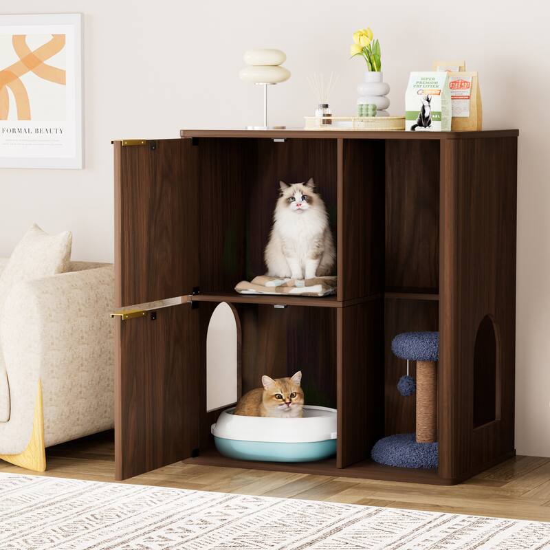 31.5" Walnut Cat Litter Cabinet with Cat Tree, Grooved Concealed Litter Furniture Featuring Dual Cat Doors and Storage Shelves