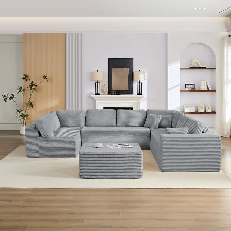 Corduroy 141'' Deep Seat Modular Sectional Sofa, Modern 8-Seater U-Shape Sofa Couch with Moveable Ottoman